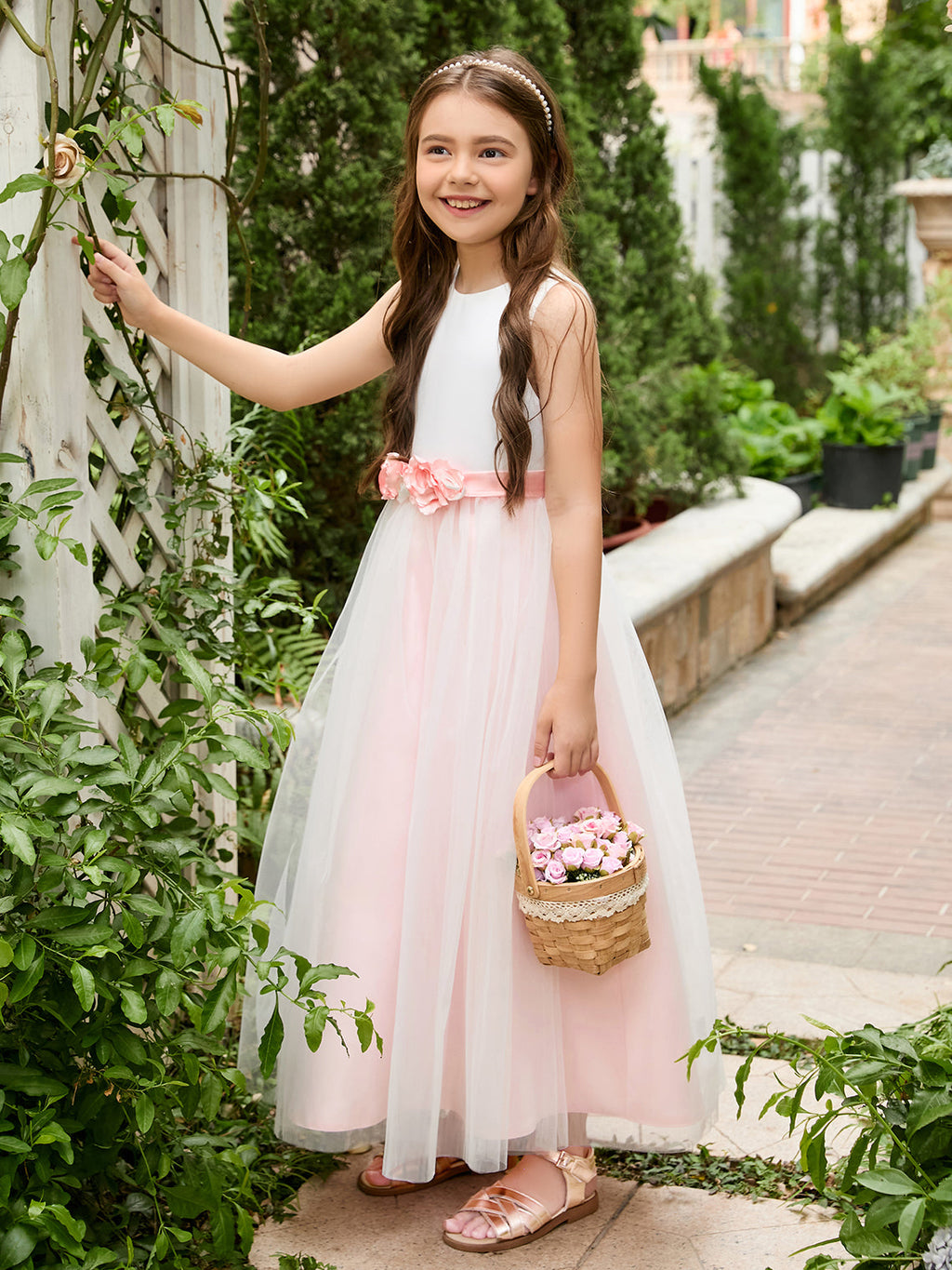 Vestido de niña de las flores de corte A con flores 3D, tul satinado y largo hasta el tobillo 