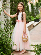 Vestido de niña de las flores de corte A con flores 3D, tul satinado y largo hasta el tobillo 
