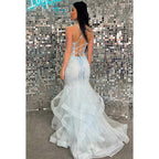 Robe de bal longue sirène transparente à bretelles spaghetti et dentelle appliquée