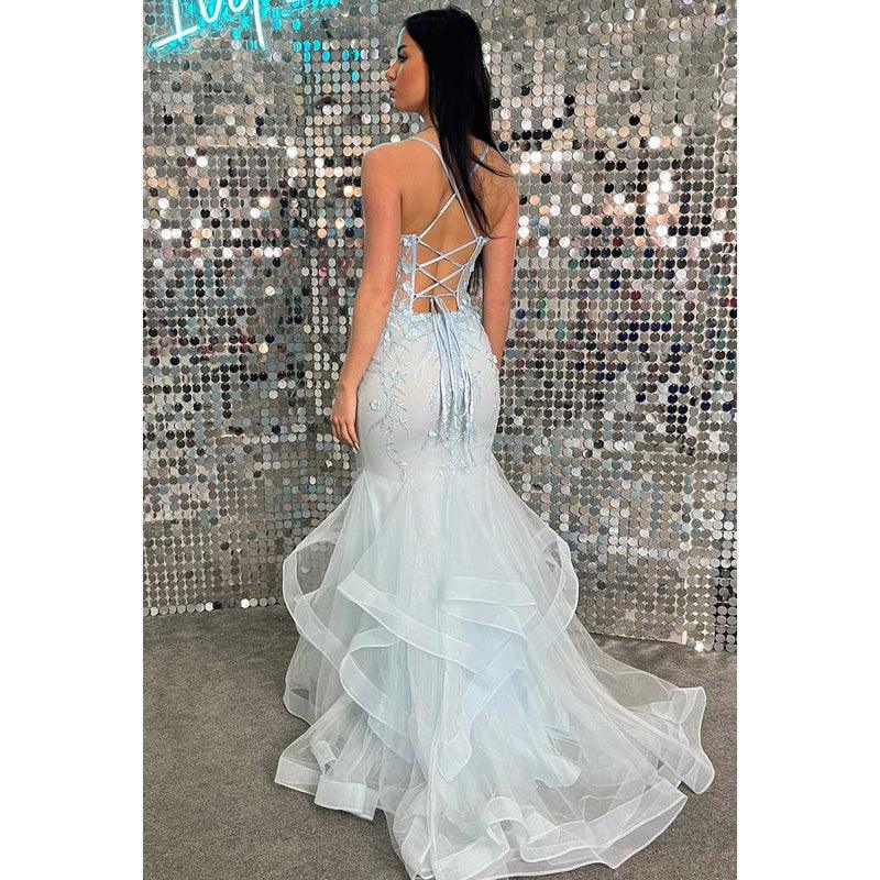 Robe de bal longue sirène transparente à bretelles spaghetti et dentelle appliquée
