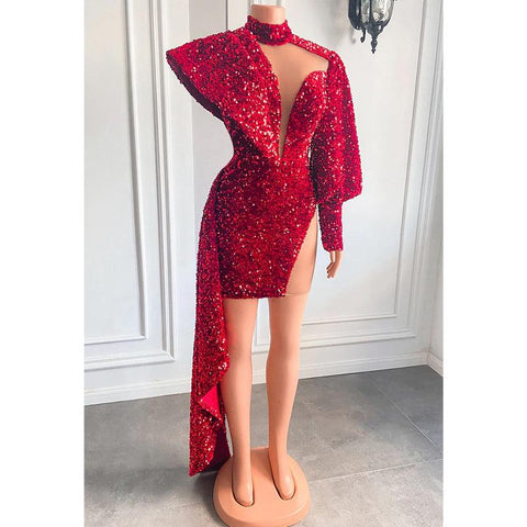 Plunging V-neck Sequins Long Sleeves Prom Dress