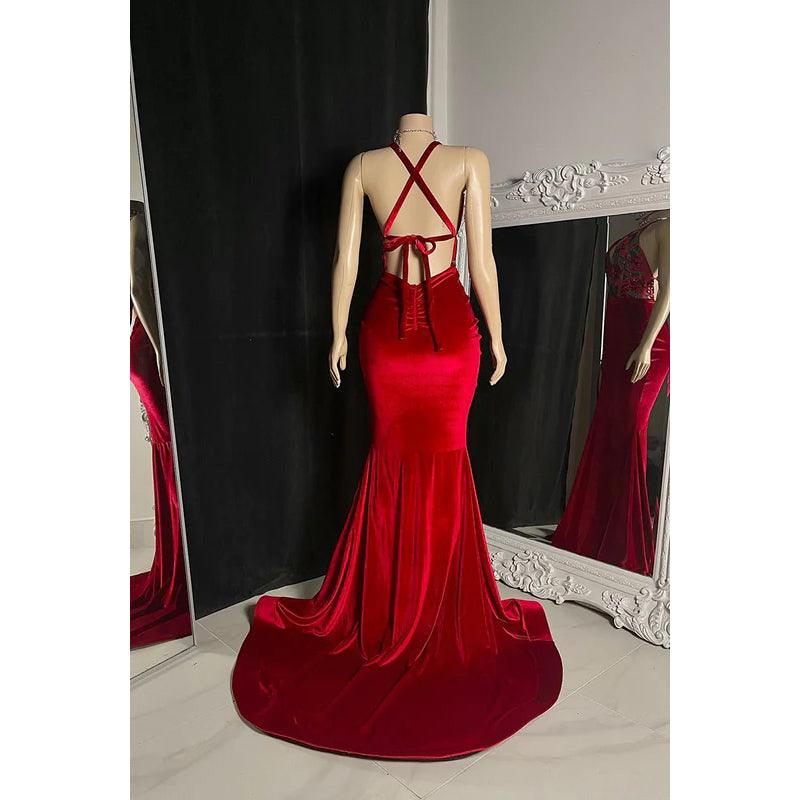 Robe de bal fourreau/colonne à col en V et appliques en satin dos nu sans manches