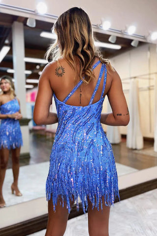 Sheath One Shoulder Sequins Short Homecoming Dress with Tassel