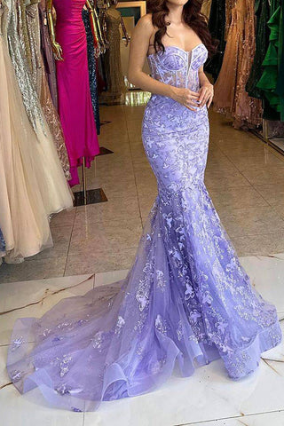 Gorgeous Mermaid Sweetheart Blue Corset Prom Dress with Embroidery
