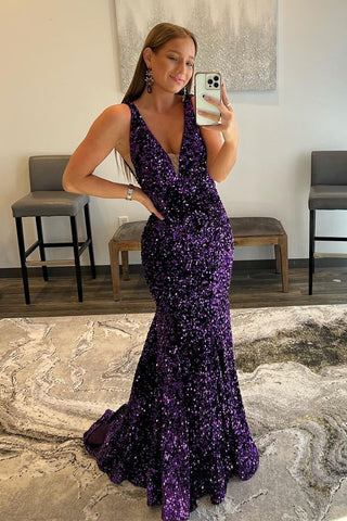 Robe de bal sirène violette à sequins et décolleté plongeant en V, dos nu