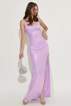 Robe de bal lavande à paillettes et franges