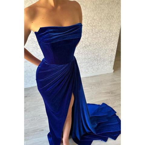 Royal Blue Strapless Velvet Pleats Long Train Split Sexy Prom Dress Party Gown