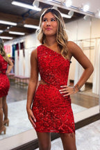 Vestido corto ajustado de fiesta con un solo hombro y borla, con lentejuelas.