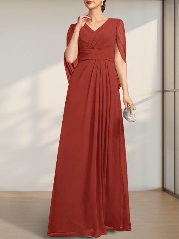 Vestido de gasa de corte A, escote en V y largo hasta el suelo para la madre de la novia, con pliegues