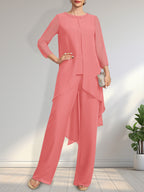 Vestido de dos piezas para la madre de la novia: mono/pantalón de gasa con escote redondo y largo hasta el suelo, adornado con lentejuelas y pedrería.
