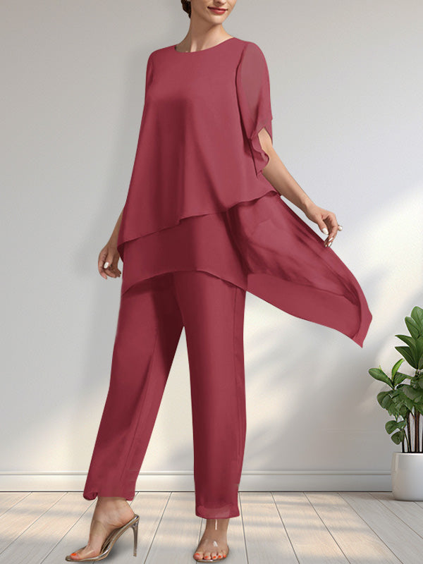 Vestido de gasa de dos piezas para la madre de la novia: mono/traje pantalón con escote redondo y largo hasta el tobillo.