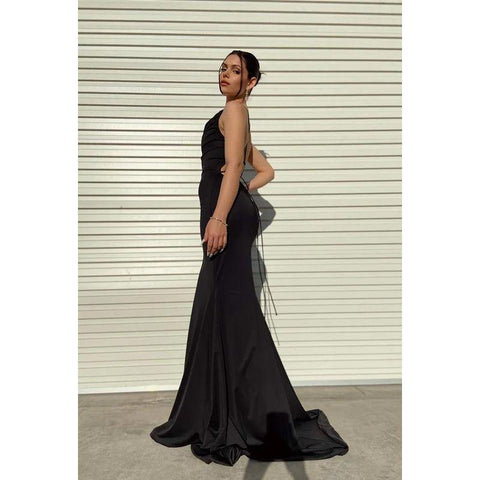 Vestido de fiesta sin mangas con cordones y tirantes de trompeta/sirena de satén