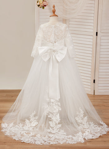 Vestido de niña de las flores para la Primera Comunión, estilo princesa, manga larga y cola de tul. 