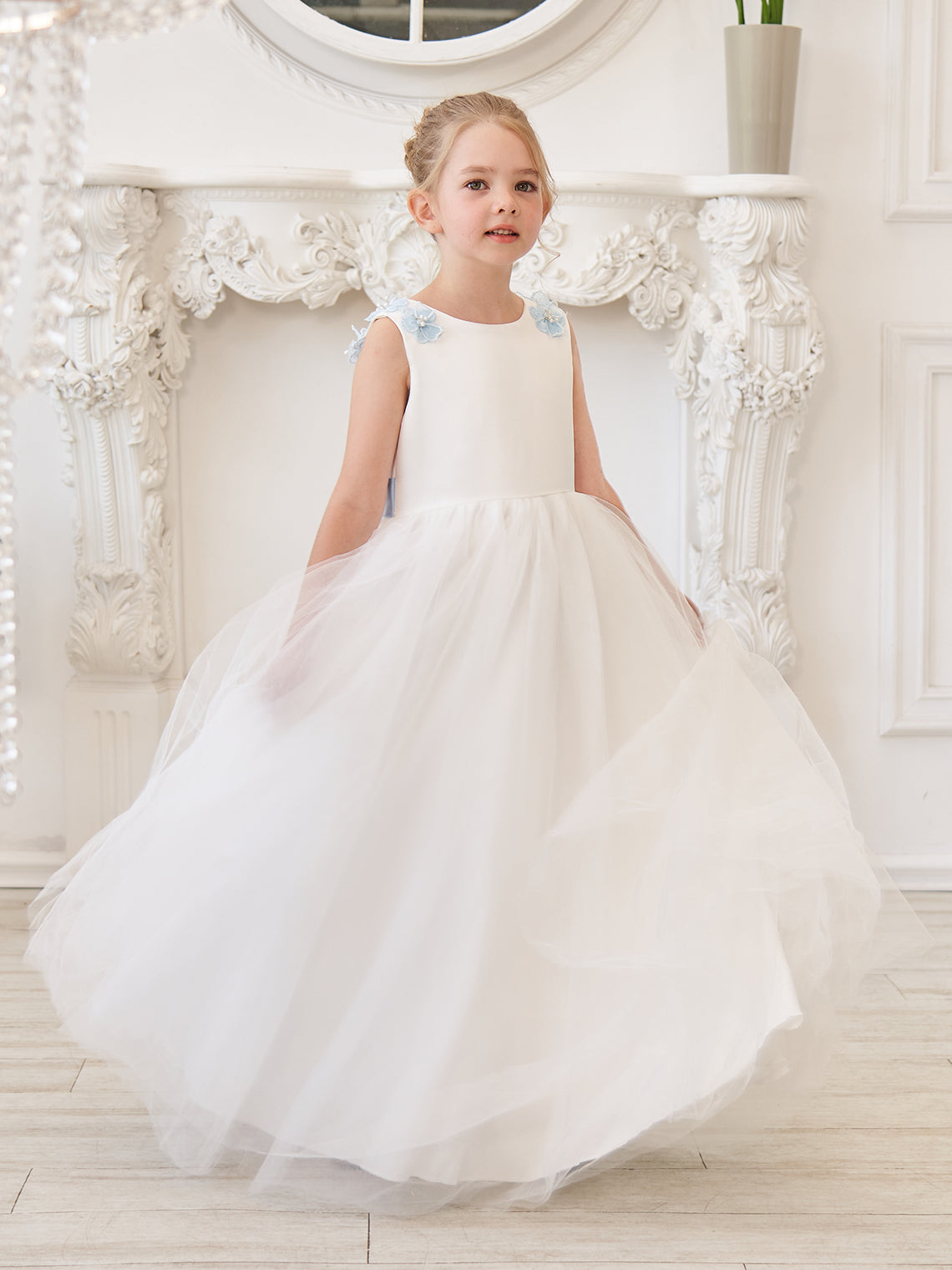 Vestido de princesa/de princesa con flores 3D de tul hasta el suelo, color marfil, para niña de las flores 