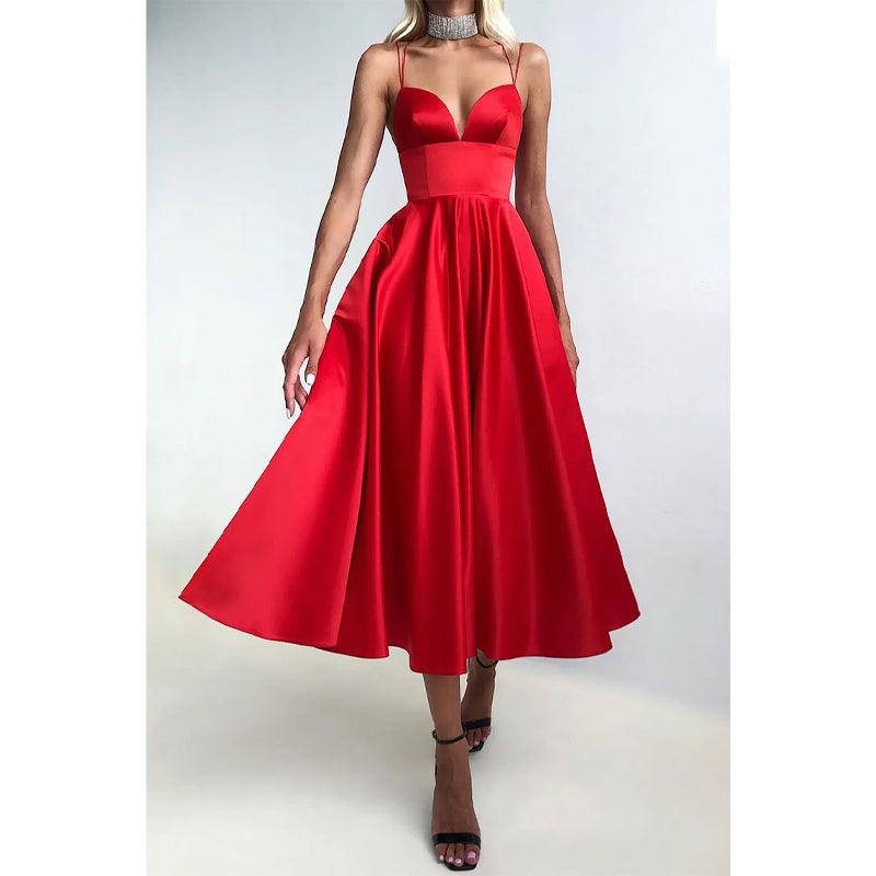Robe de soirée simple à bretelles spaghetti et col en V 