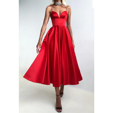 Robe de soirée simple à bretelles spaghetti et col en V 