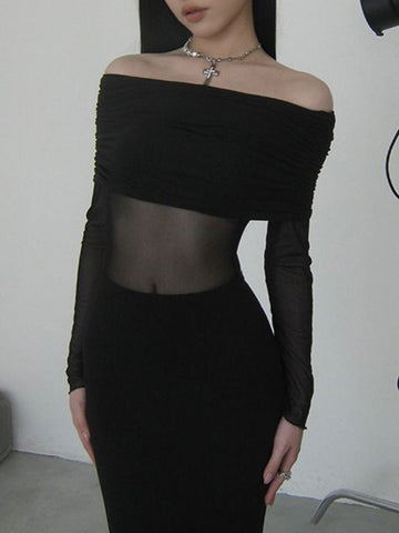 Vestidos largos de noche ajustados, plisados, transparentes, de color liso, con abertura en la entrepierna y hombros descubiertos. 