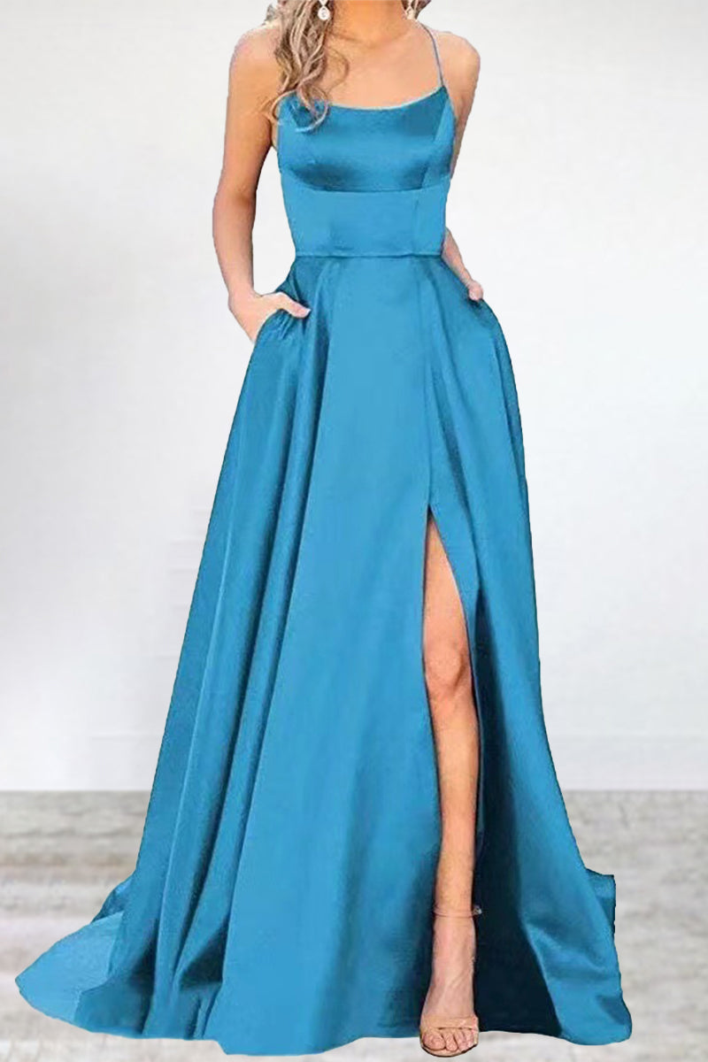 Vestidos de noche sexys, formales, de color liso, con escote en U y abertura alta. 