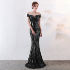 Off the Shoulder Sequined Evening Dress: Long Fish Tail, Slim Fit