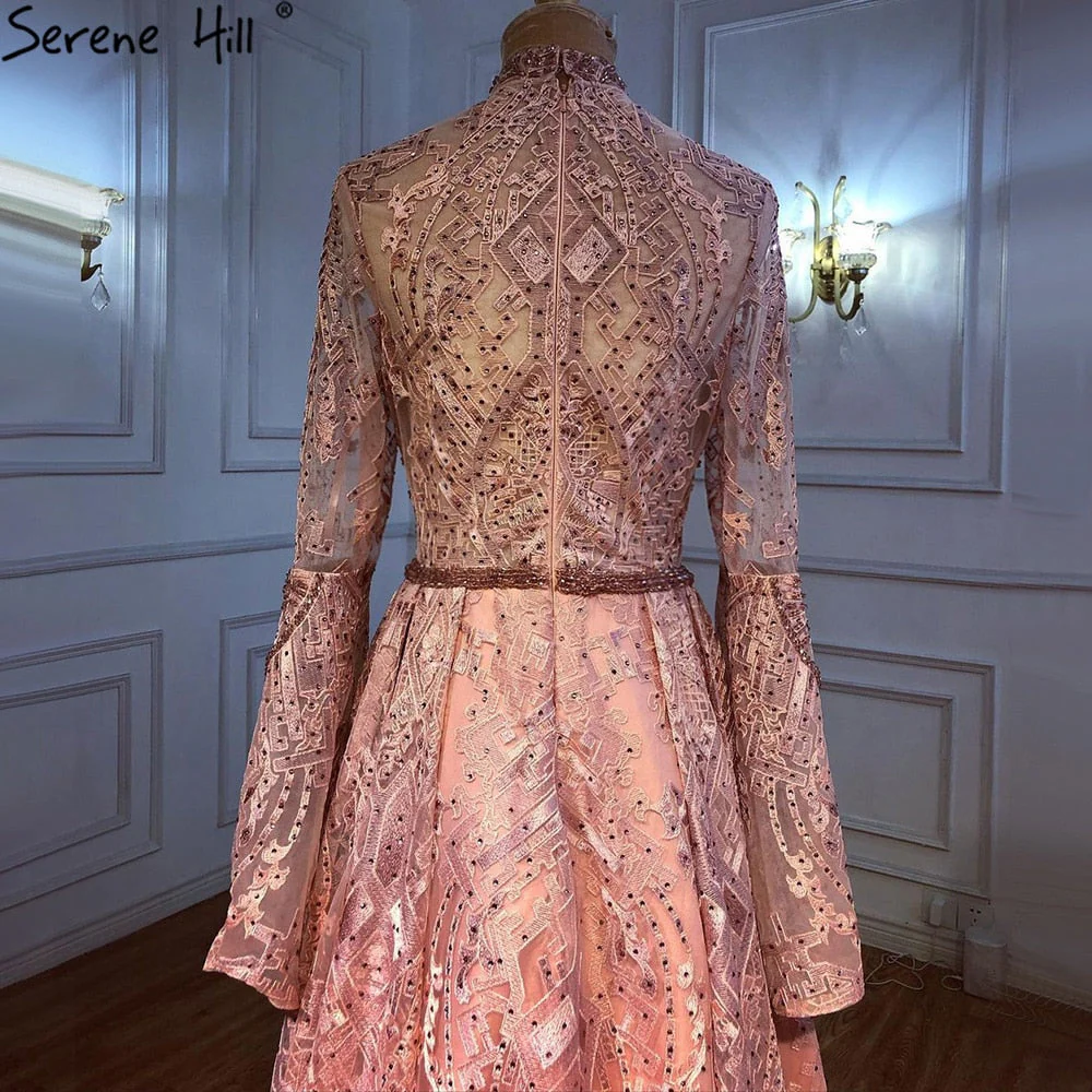 Muslim Pink Lace Beaded Evening Dresses Gowns 2025 A-Line Luxury For Women Wedding Party LA71247