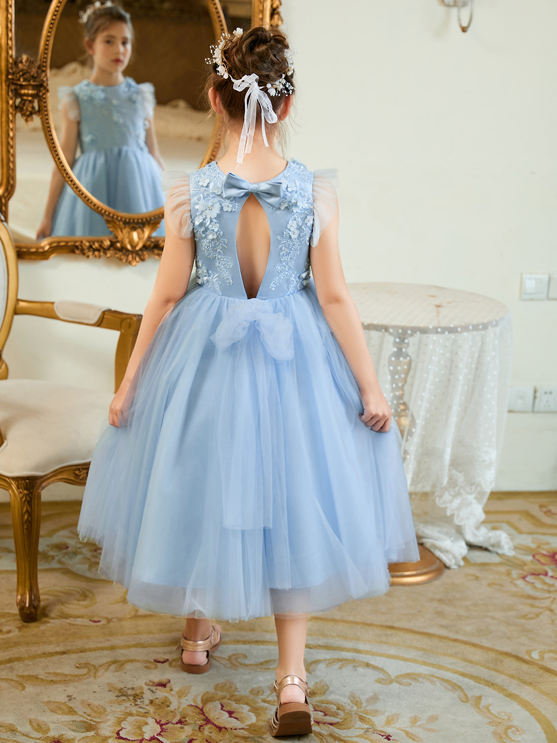 Vestido de baile/princesa de satén y tul azul hasta la rodilla (2003225970) 