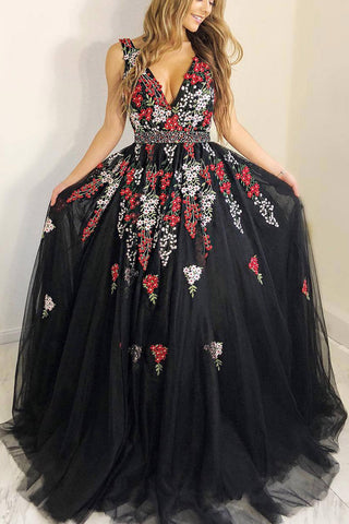 Vestido largo de fiesta negro estilo princesa, corte A, con bordados
