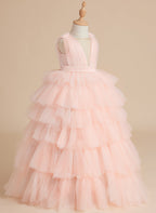 Vestido de princesa rosa perla sin mangas para niña de las flores con lazo de tul 