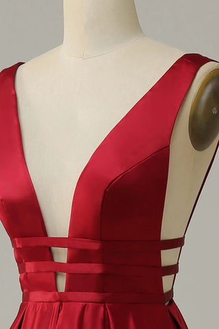 A Line Deep V Neck Red Long Prom Dress with Backless