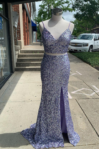 Two Piece Light Blue Sequins Mermaid Prom Dress with Slit