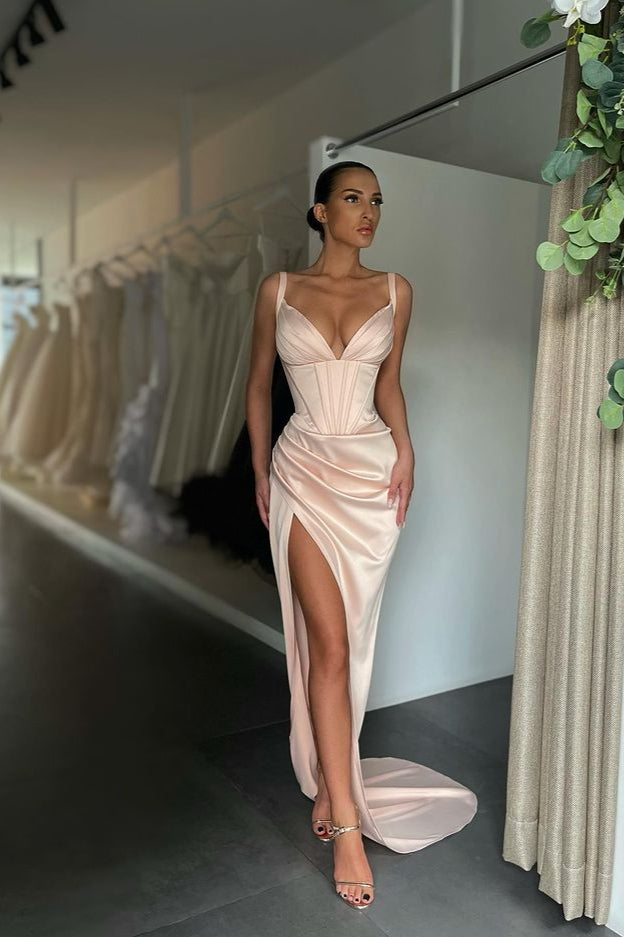 Spaghetti Straps Sleeveless V-Neck Split Prom Dress