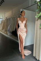 Spaghetti Straps Sleeveless V-Neck Split Prom Dress