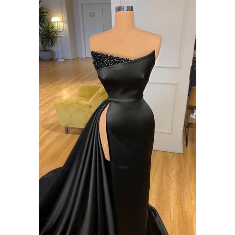 Robe de soirée noire sexy à col en V et fente latérale 