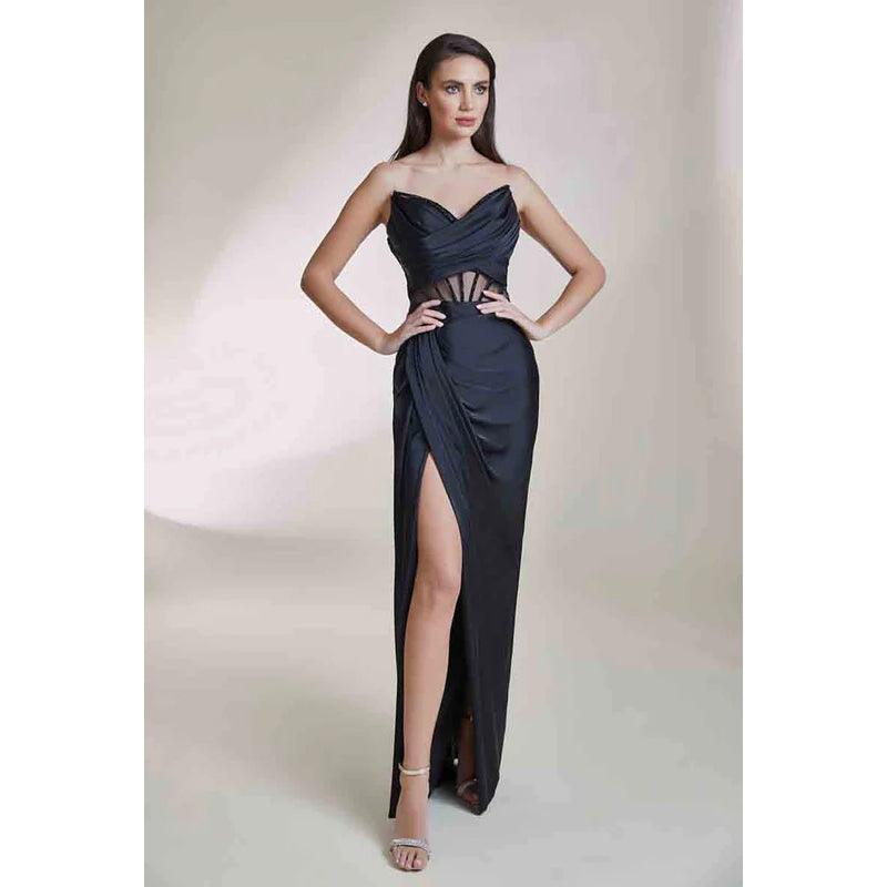Robe de soirée longue en satin froncé à col en V et sans manches