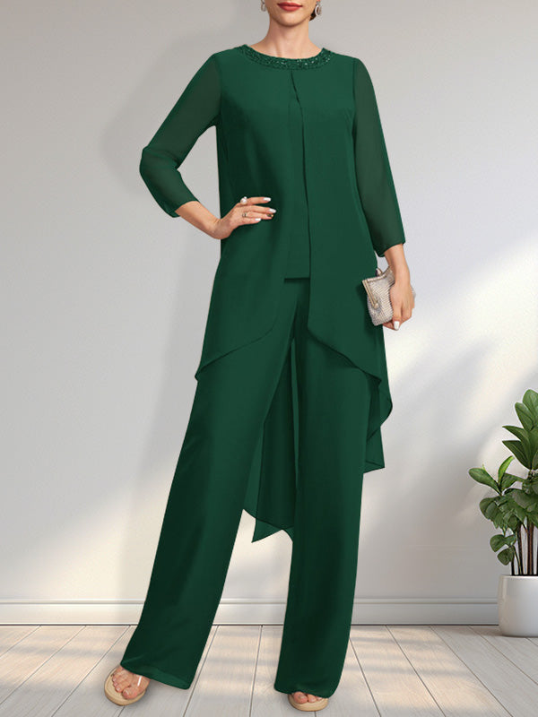 Vestido de dos piezas para la madre de la novia: mono/pantalón de gasa con escote redondo y largo hasta el suelo, adornado con lentejuelas y pedrería.