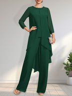 Vestido de dos piezas para la madre de la novia: mono/pantalón de gasa con escote redondo y largo hasta el suelo, adornado con lentejuelas y pedrería.