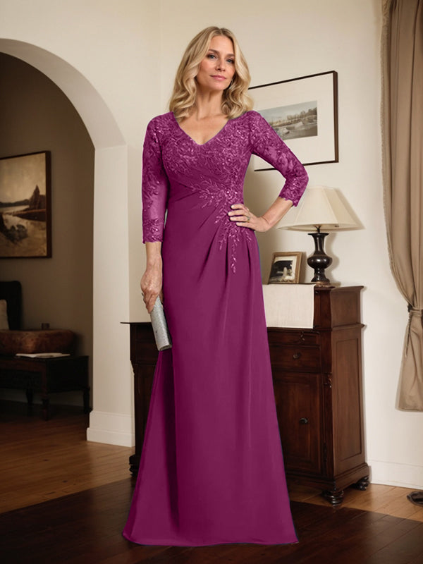 Vestido de novia de corte recto/columna, escote en V ilusión, largo hasta el suelo, de gasa de encaje con lentejuelas plisadas. 