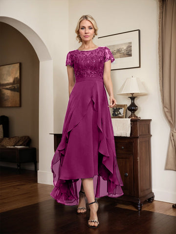 A-line Scoop Illusion Asymmetrical Chiffon Lace Mother of the Bride Dress With Bow Ruffle Sequins