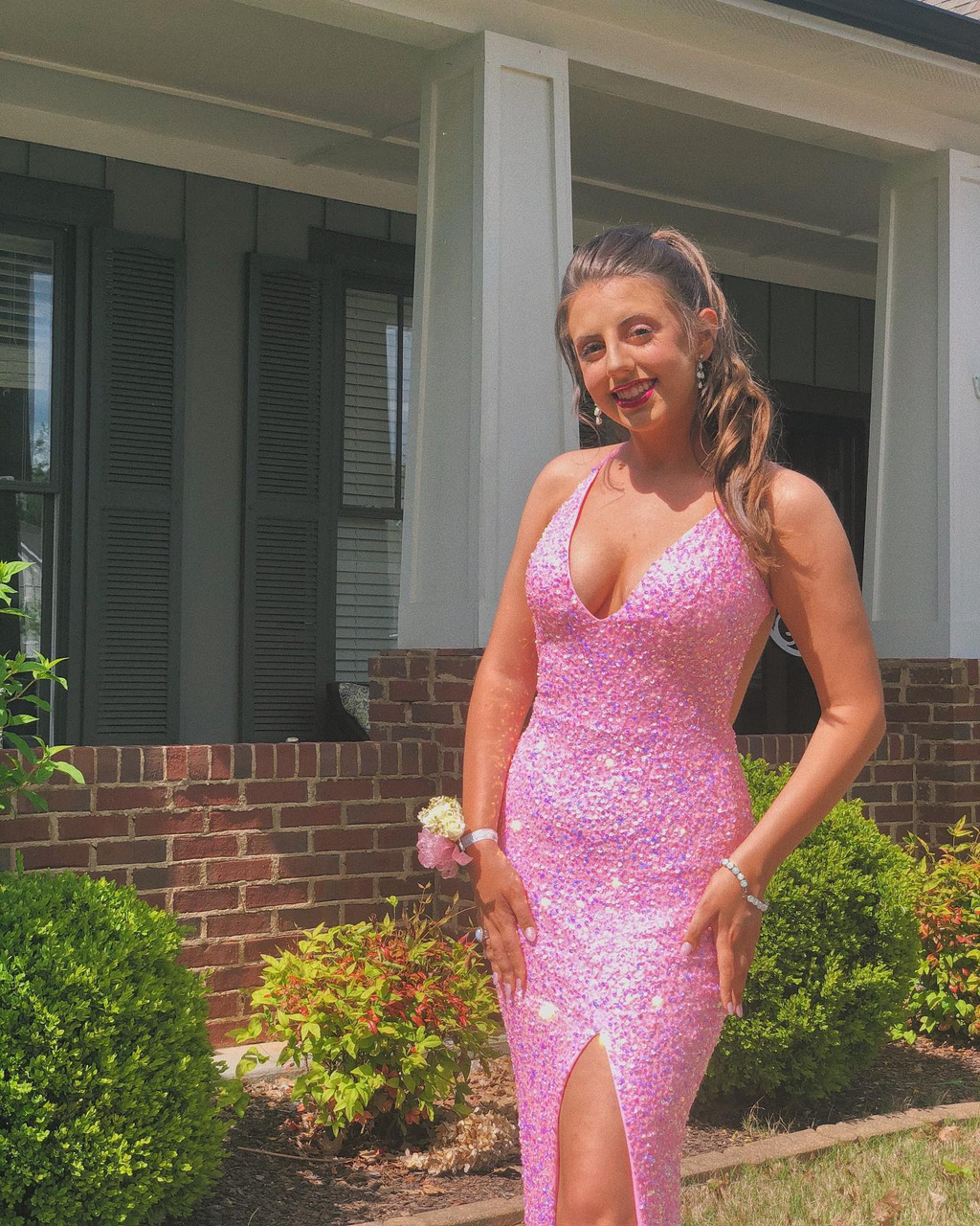 Vestido de fiesta rosa con lentejuelas, escote halter, sexy, de noche, con abertura lateral Y268