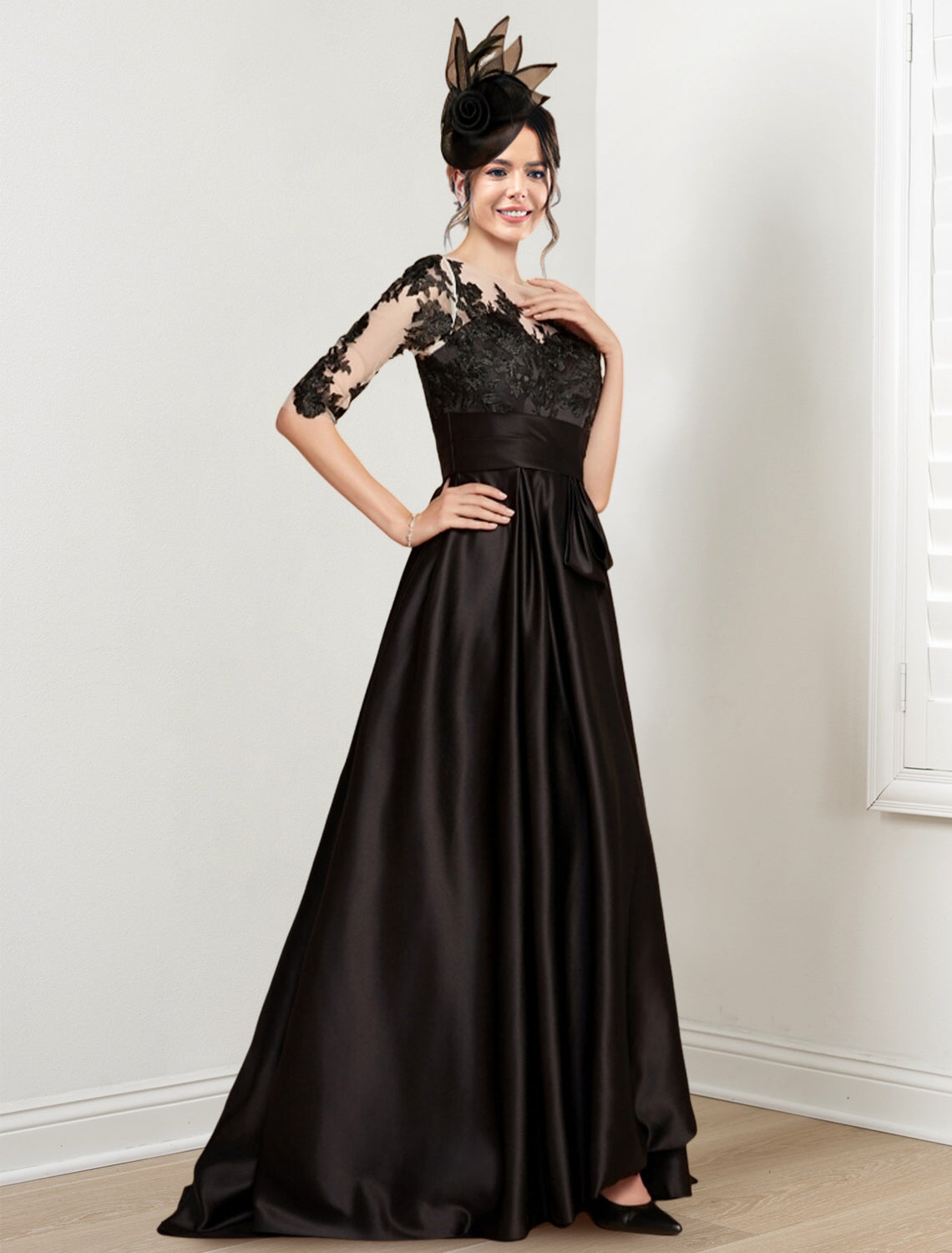 Vestidos de corte princesa/línea A para la madre de la novia con cuello joya y largo hasta el suelo 