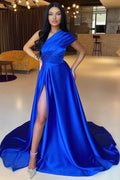 Robes de soirée bleu roi à épaules dénudées fendues en ligne