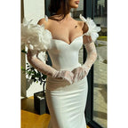 Superbe et charmante robe de bal sirène à manches longues, sans bretelles, en satin, avec fleurs