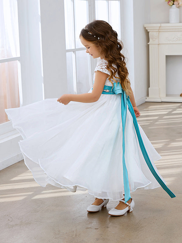 Vestido de niña de las flores color marfil, corte en A, de organza de encaje, hasta el tobillo 
