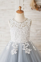 Vestido largo de tul y encaje azul para niña de las flores 