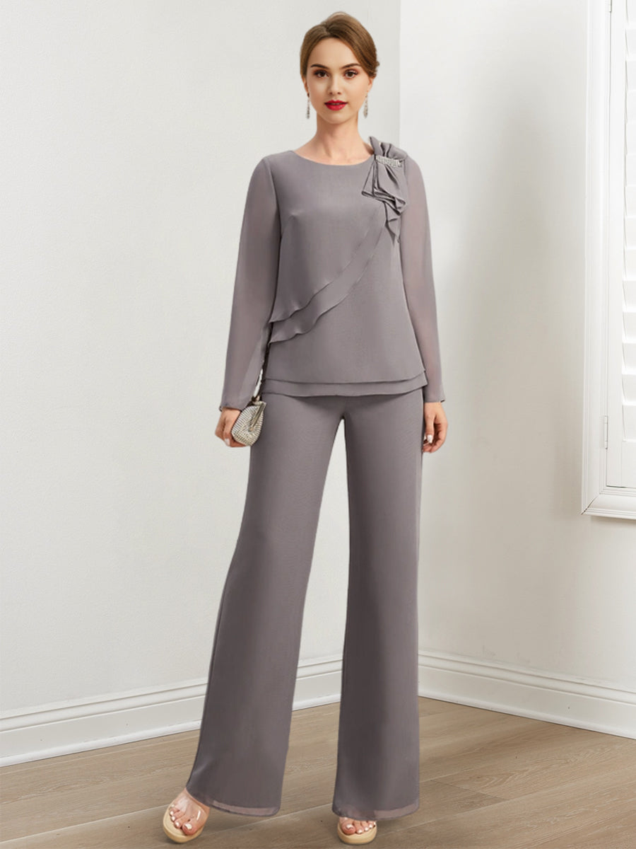 Tailleurs-pantalons en mousseline pour la mère de la mariée, ornés de perles et de volants 