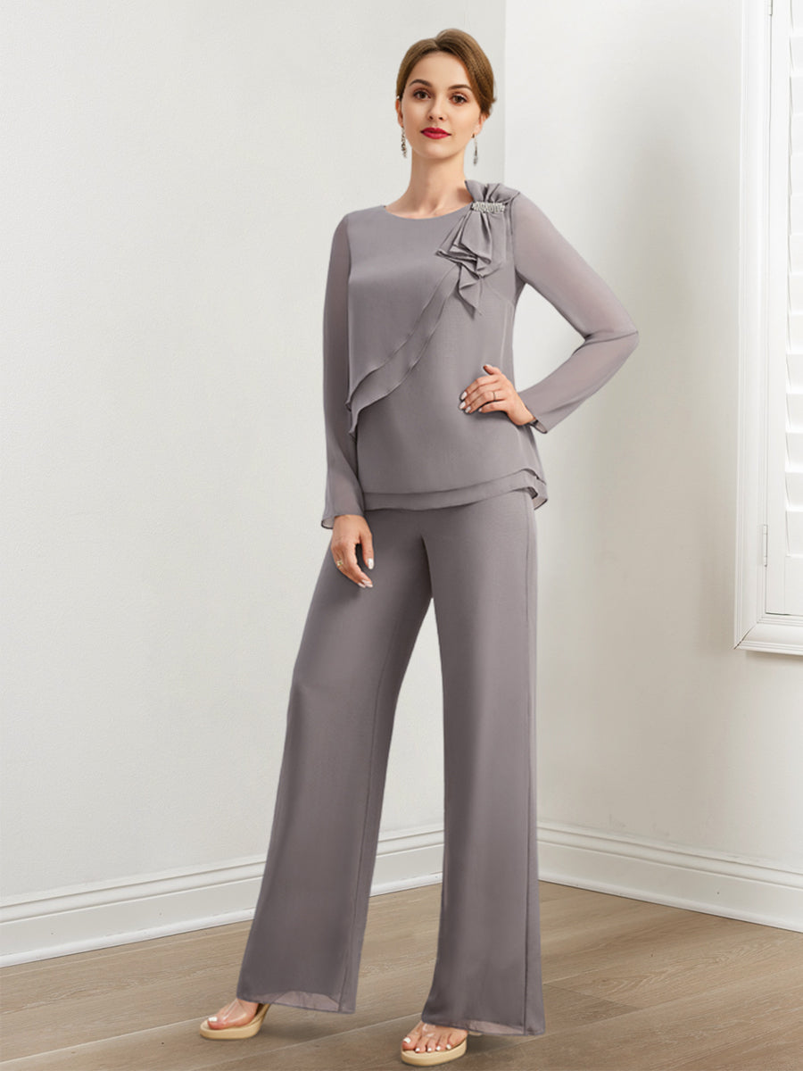Tailleurs-pantalons en mousseline pour la mère de la mariée, ornés de perles et de volants 