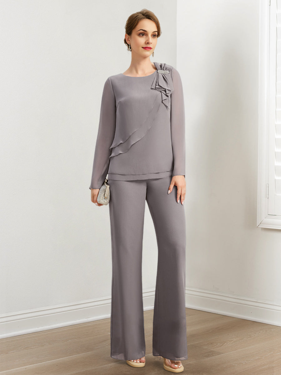 Tailleurs-pantalons en mousseline pour la mère de la mariée, ornés de perles et de volants 
