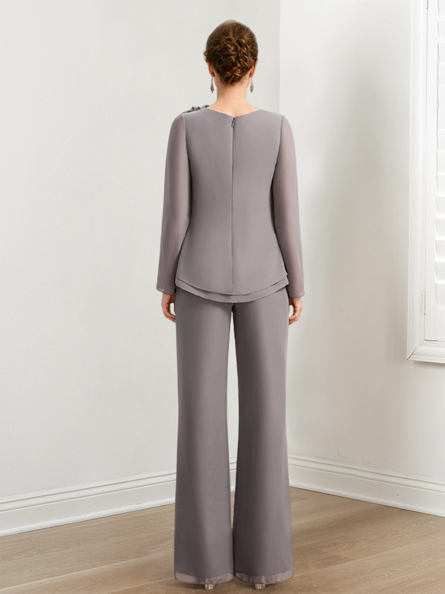 Tailleurs-pantalons en mousseline pour la mère de la mariée, ornés de perles et de volants 