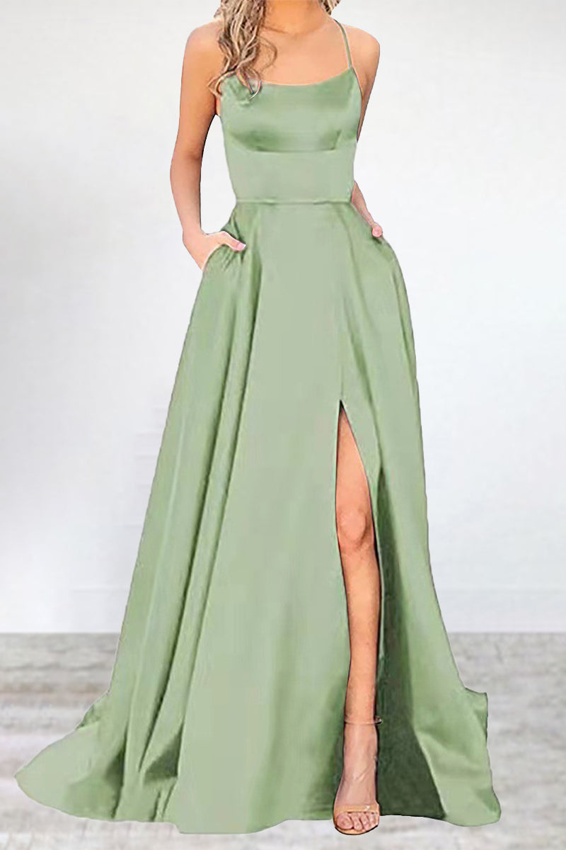 Vestidos de noche sexys, formales, de color liso, con escote en U y abertura alta. 