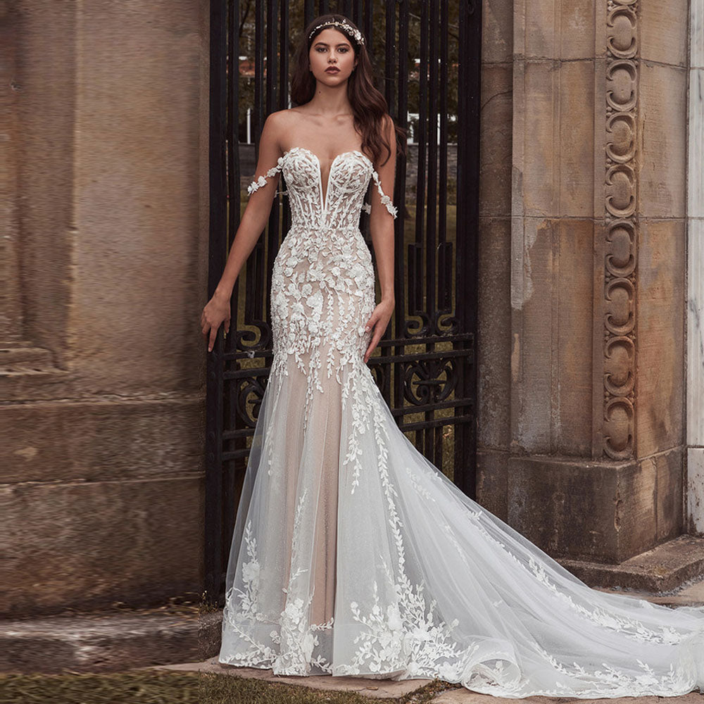 CHANDELA Charming Wedding Dresses Scoop Spaghetti Straps Trumpet Appliques Bridal Gown Robe De Mariée For Women Custom Made
