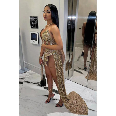 Robe de bal longue et sexy à col en V et perles épaisses pour filles noires 